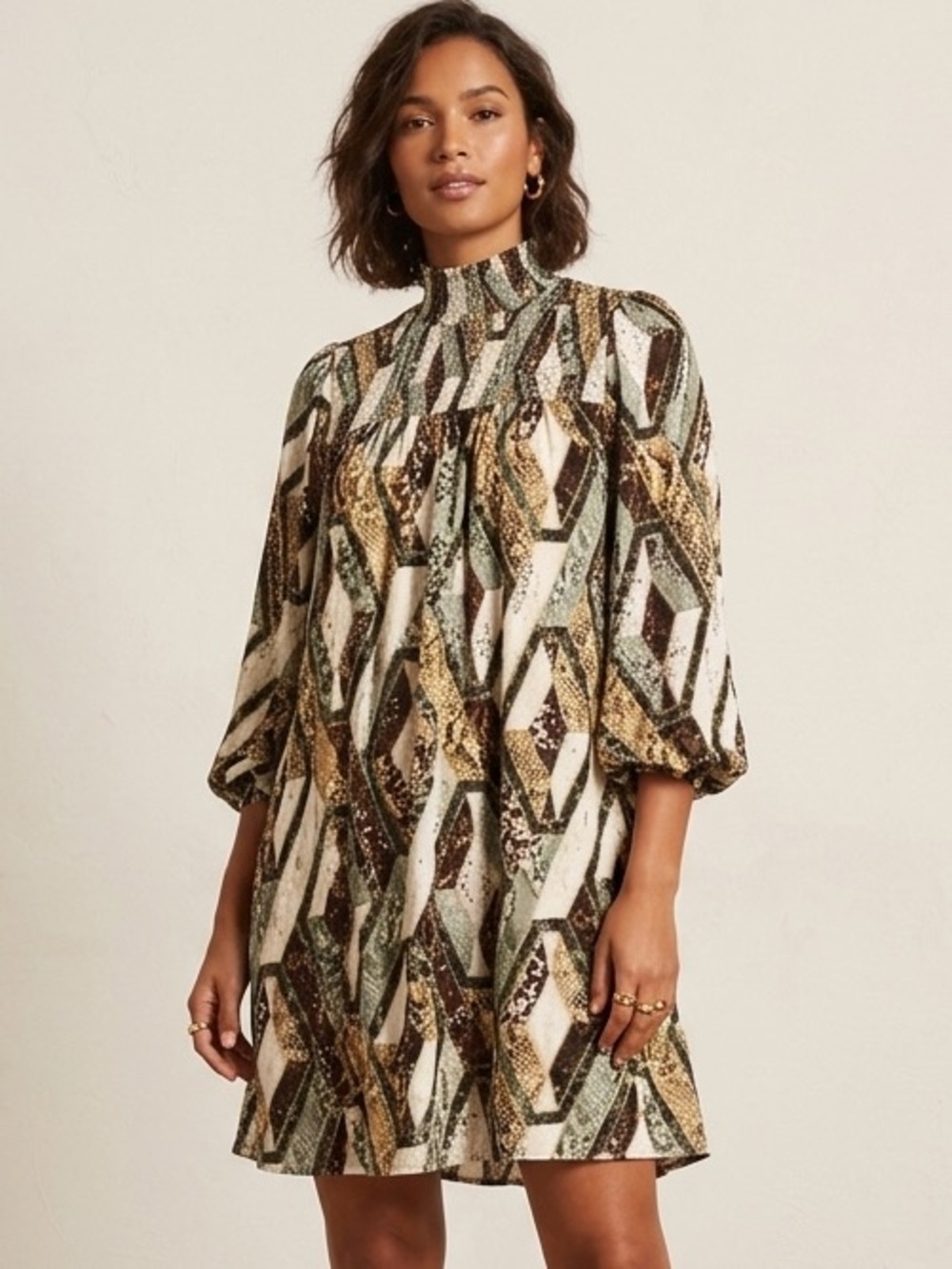 H&M Women M Abstract Geo Print Smocked Mock Neck Long Sleeve Viscose Mini Dress